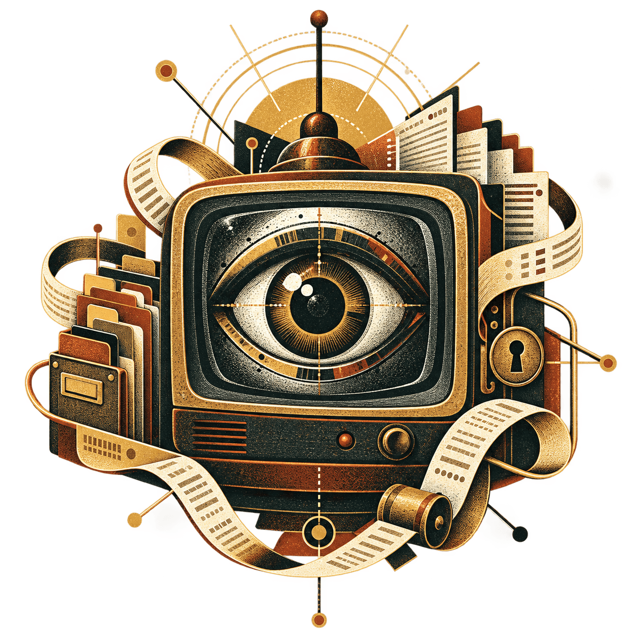 A mechanical eye inside a screen, surrounded by records and audit trails