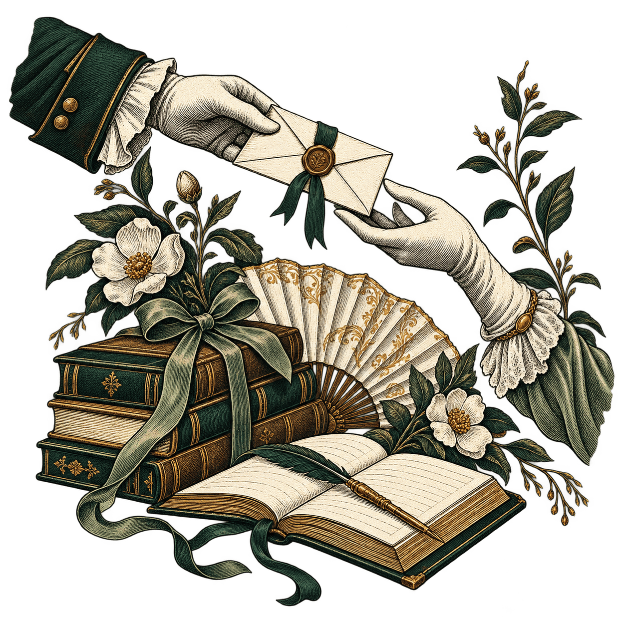 Two hands exchange a sealed letter above books, a fan and an open ledger