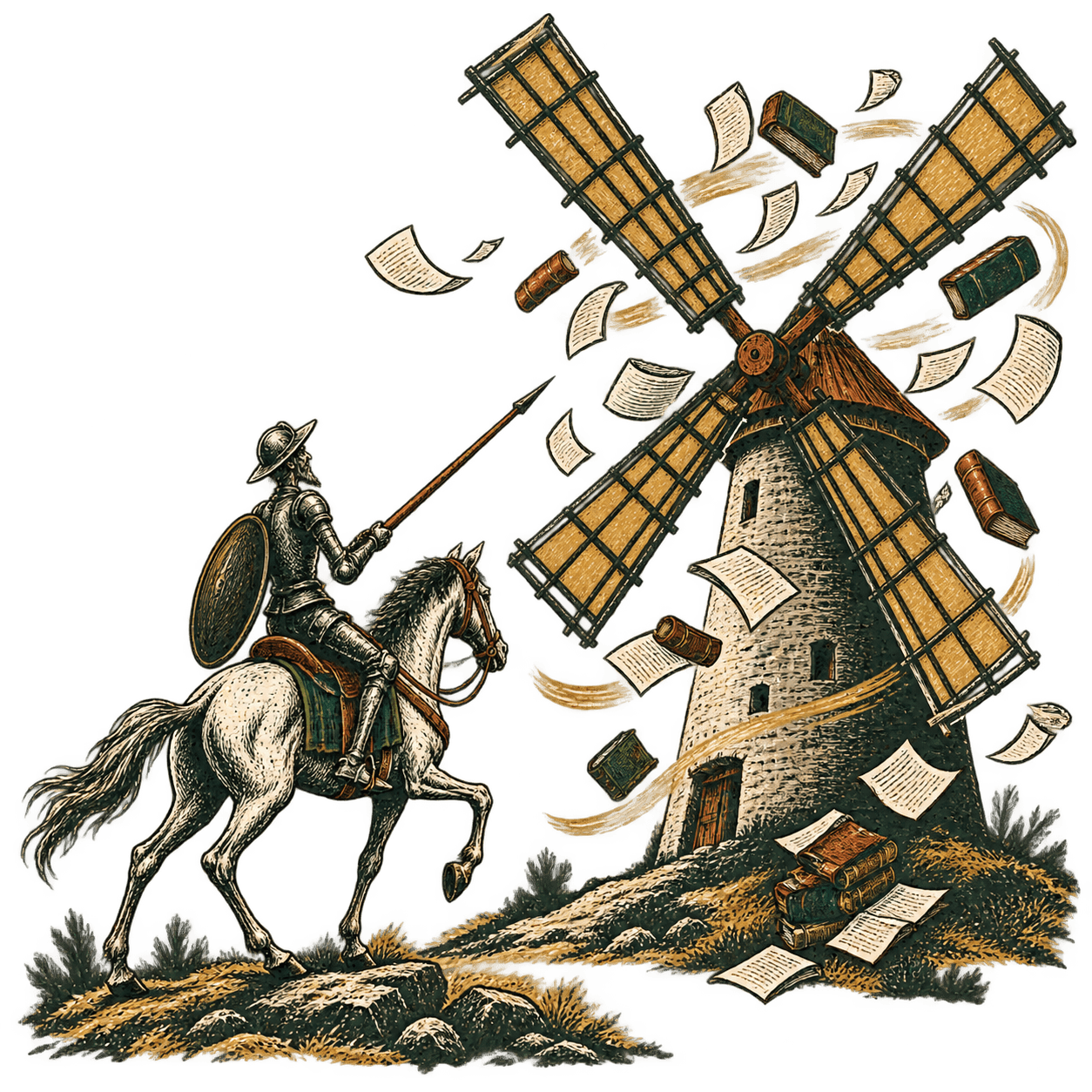 A mounted knight facing a windmill, surrounded by books and inventory sheets
