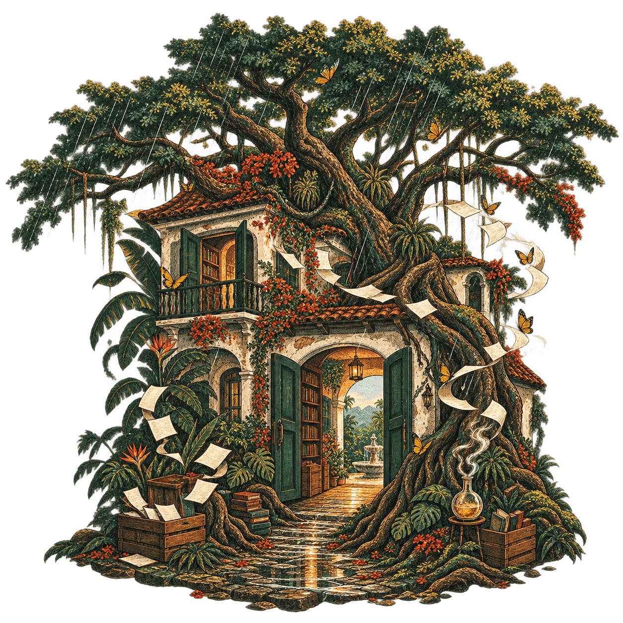 A tropical house beneath a great tree, with yellow butterflies and orders circling through the air
